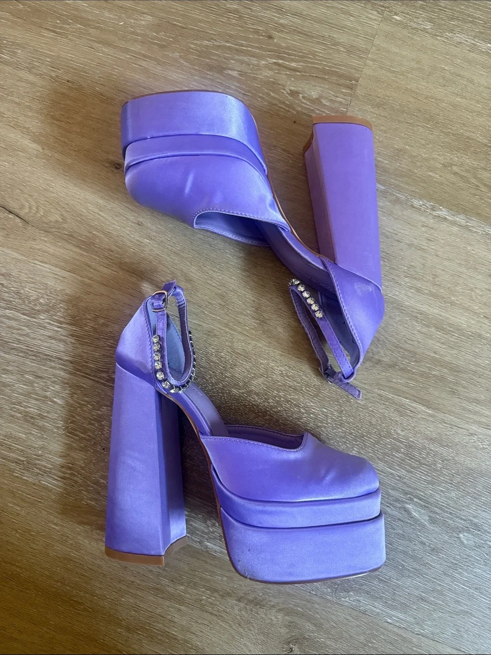 Satin lavender Platform Block Heel Sandals in Purple with Rhinestone Ankle Strap